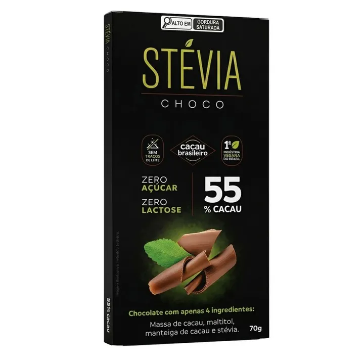 Adoçado com stevia: a stevia entra em quantidade mínima, e outro ingrediente faz o volume que o açúcar fazia.