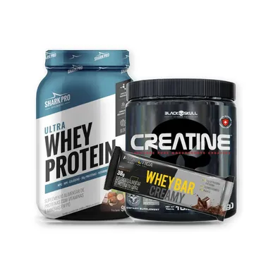 Combo Hipertrofia Whey Shark Pro 26g Creatina Barra 38g
